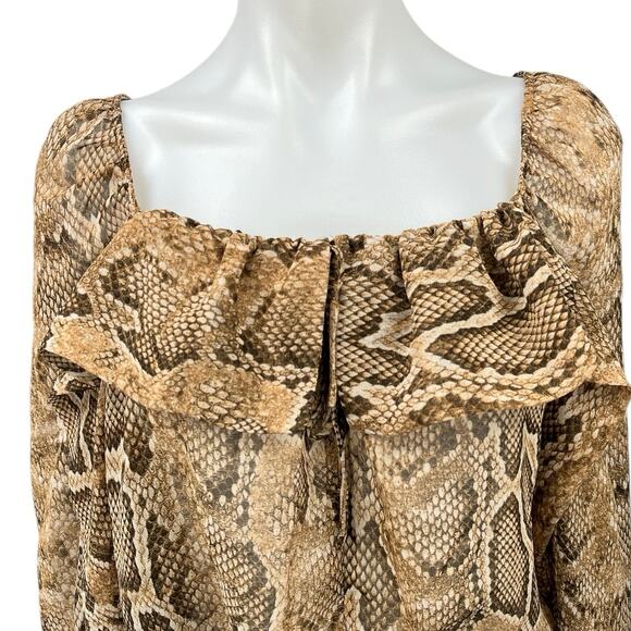 Zara Brown Animal Snake Print Long Sleeve Ruffle Cropped Blouse Top Size S - Picture 4 of 5